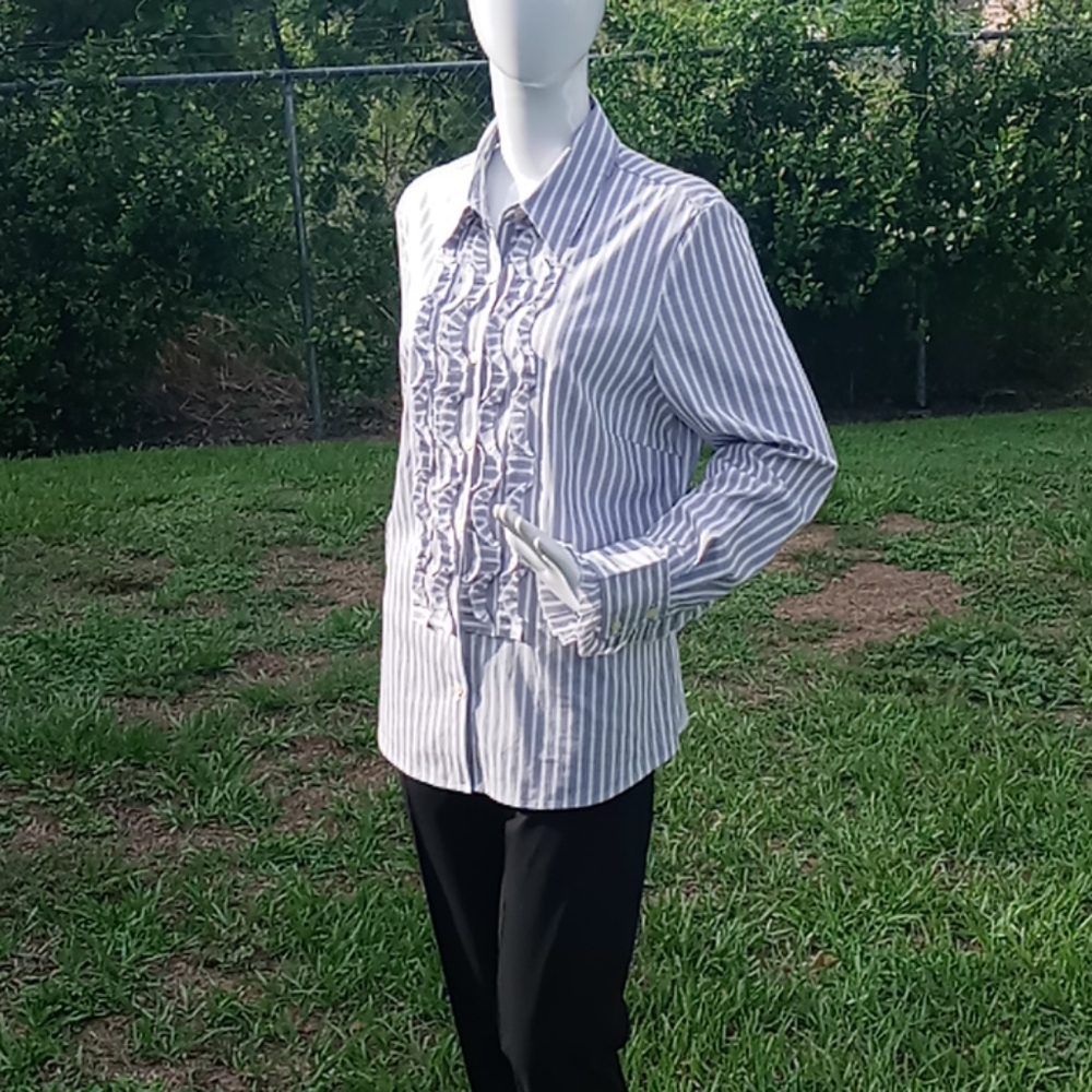 Ann Taylor Ruffled Pin Stripe Shirt Blouse - Picture 4 of 17